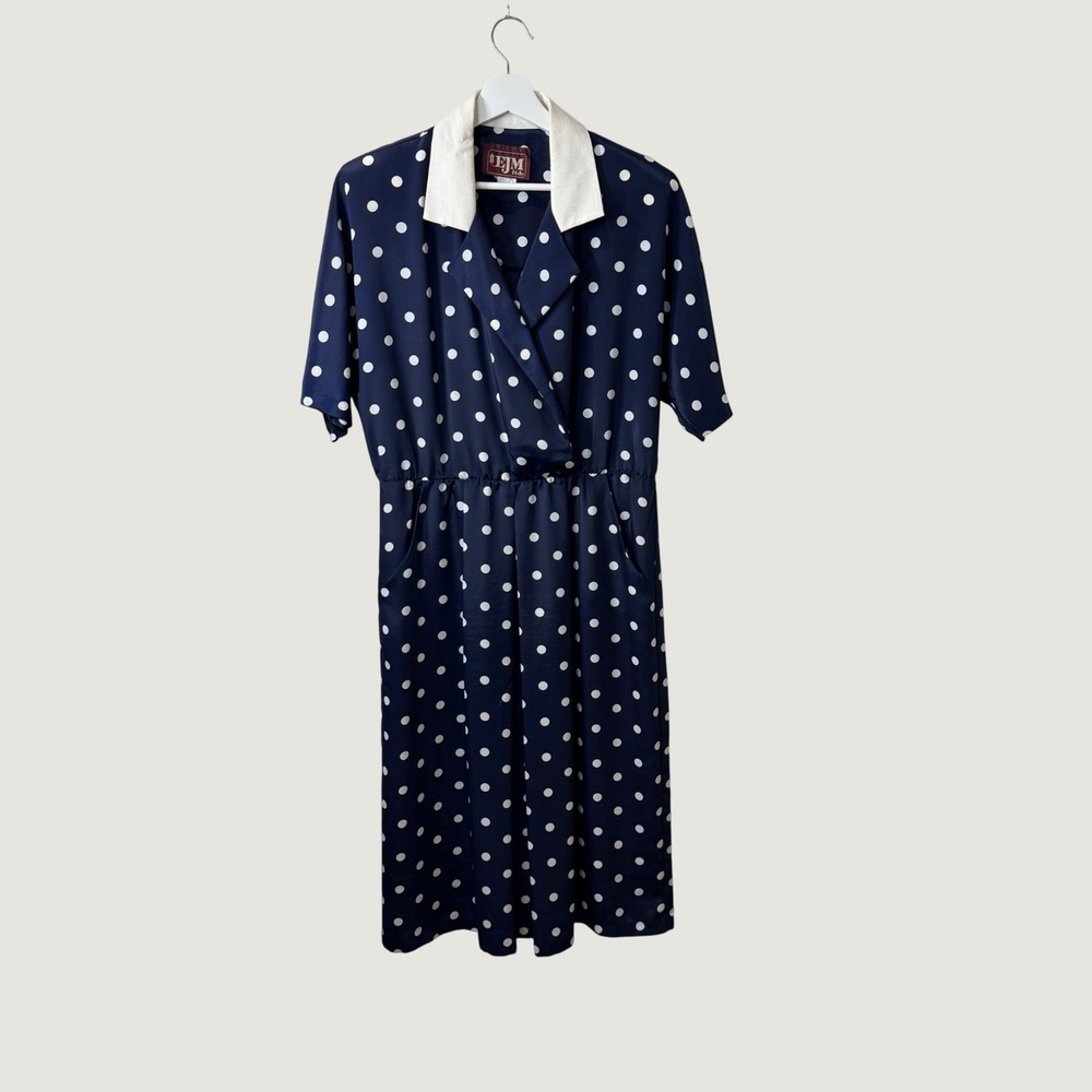 Vintage EJM Ltd Polka Dot Dress Rockabilly Pin Up Navy Midi USA Made Women's 14